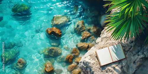 Scene with a note book placed on a rocky coast line near crystal clear and transparent sea water taken from above and close up.