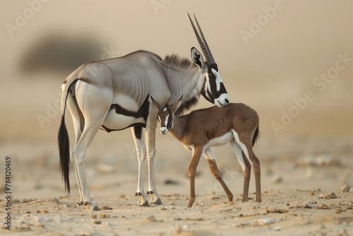 A mother and baby gazelle are standing in the desert. The mother is licking the baby's face