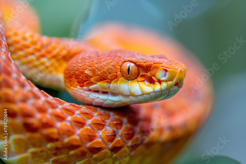 Vivid Orange Corn Snake Amidst Green Foliage, Close-Up Reptilian Portrait