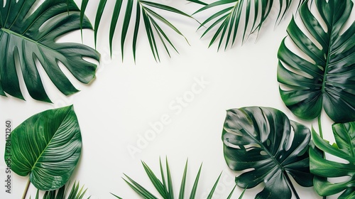 Elevate your mockups: minimalist tropical white background with exotic palm leaves