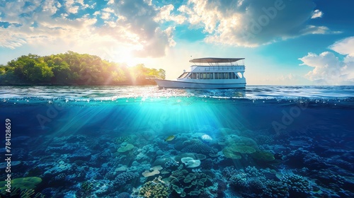 beautiful sunlight seaview safari dive boat in tropical sea with deep blue underneath splitted by waterline. Design template