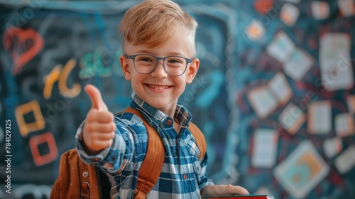 Happy smiling boy in glasses with thumb up is going to school for the first time. Child with school bag and book. Kid indoors of the class room with blackboard on a background. Back to school.