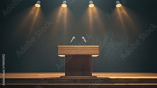 wooden speech podium with three small microphones attached on a dark background spotlit