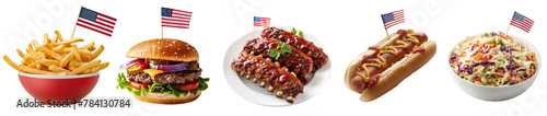 Traditional Independence day food plate with fries, beef burger, pork ribs, hot dog and coleslaw salad over white transparent background. 4th of July, American day concept