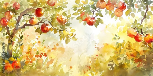 Summer orchard, watercolor, ripe fruits, sunlit leaves, noon light, panoramic banner. 