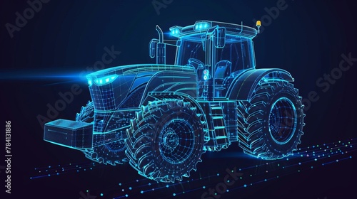 A farm tractor concept in 3D vector illustration is presented in a wireframe style, separating visible and invisible lines to highlight technology in agriculture