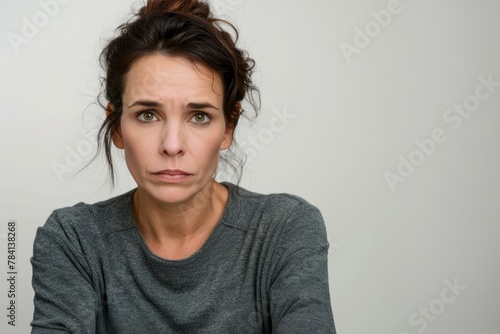 Concerned middle-aged woman with a pensive expression, isolated on a white background, potential concept for worry, contemplation, or decision-making.