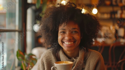 Joyful young woman enjoying a cup of coffee in a cozy cafe atmosphere