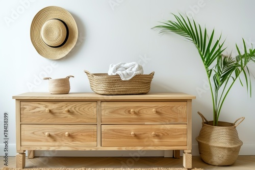 Scandinavian styled interior with a wooden dresser, wicker baskets, a straw hat, and a potted palm plant against a white wall.