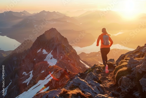 Runner trekking the mountain trails at sunrise with majestic views