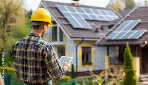 Engineer with hard hat holding a tablet while inspecting residential solar panels