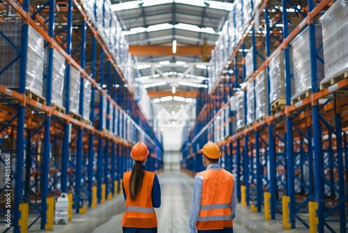 Two warehouse workers in safety vests and helmets standing in a large industrial storage area with shelves stocked with goods.