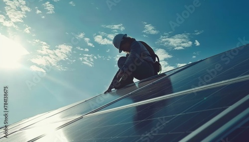 Worker installing solar panels with a bright blue sky in the background
