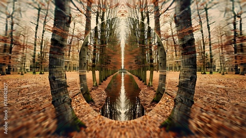 Nature Background: A mirror reflecting the image of trees, showcasing a unique perspective with the trees appearing duplicated in the mirrors surface, Wellness, Inner Peace, meditation, mindfulness