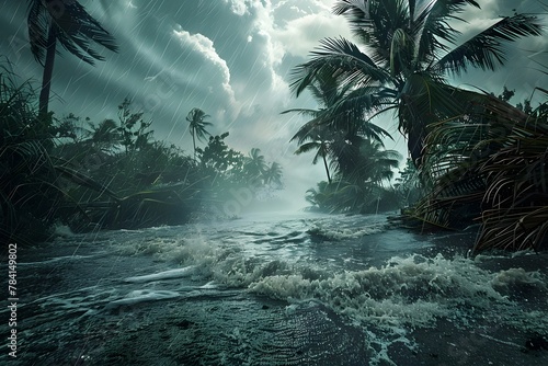 Powerful tropical storm shaping the lush jungle landscape with intense winds and torrential rains