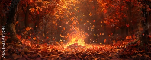 A bonfire burns in a forest clearing. The leaves are falling from the trees and the fire is crackling.