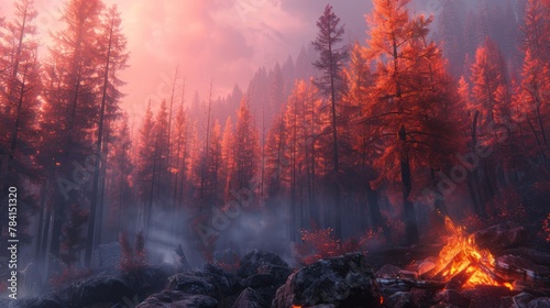 Fire burns in a forest with red trees