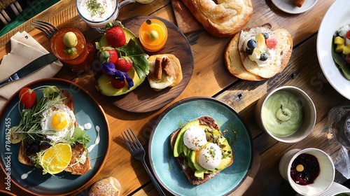 An overhead view of a rustic wooden table set with a delicious brunch spread, including avocado toast, poached eggs, fresh fruit, and artisanal pastries.