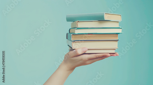 Woman hands holding a stack of books on a light blue