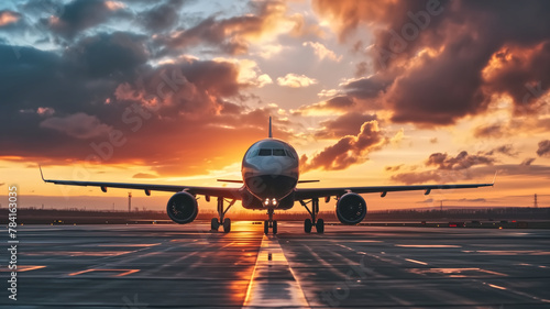 An airplane is poised on the runway, backlit by a stunning sunset with dramatic clouds, ready for takeoff into the evening sky. 