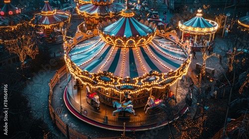 Aerial view of a circus parade winding past a beautifully lit carousel, evening glow