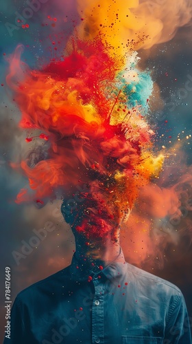 Half head exploding in a burst of colors, conceptual, detailed texture, ambient light