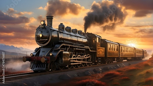 A photorealistic depiction of a majestic steam train at sunset, set against a scenic outdoor backdrop. The train is detailed with intricate steam mechanisms and vintage design elements, emitting billo