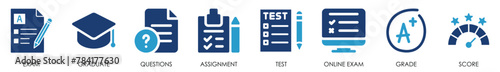 Exam icon set. Containing test, score and so on. Flat examination icons set.