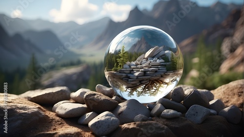 A photorealistic image depicting a glass ball placed delicately on top of a pile of rocks. The focus is on capturing the realistic texture and transparency of the glass ball, as well as the rugged sur