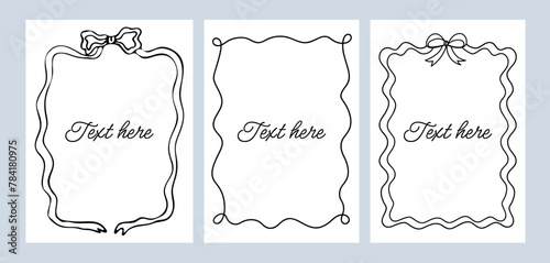 Set bow frames template with space for text. Hand drawn black frames with cute bow isolated on background. Horizontal square wave border frame card
