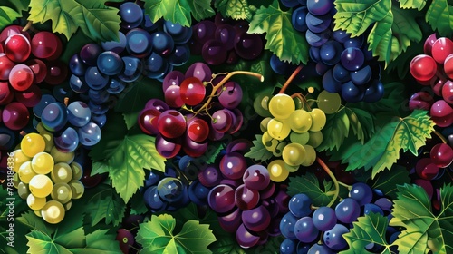 Ripe grapes of various colors in the garden tile tile