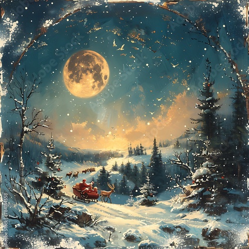 clipart of Santa’s sleigh and reindeer flying across a moonlit winter landscape, with snow-covered trees below, all rendered in vivid detail against a white background to capture the timeless magic