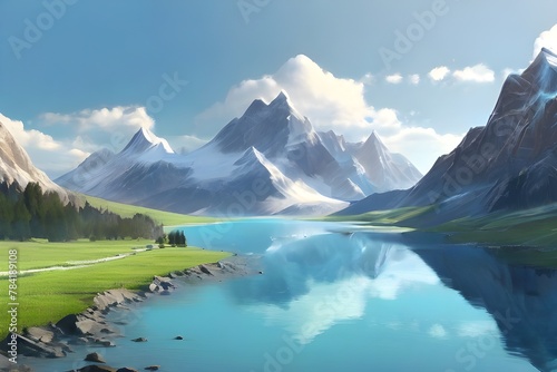 Mountain with blue lake nature landscape. AI generated image Generative AI