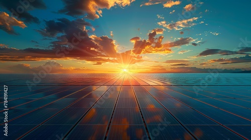 A breathtaking sunset casts vibrant reflections on an expansive array of solar panels, showcasing a fusion of natural beauty with sustainable technology.
