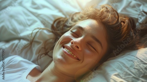  A young woman presses the snooze button with a sly smile, enjoying a few more minutes of sleep.