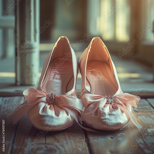 Soft Pink Ballet Slippers on Wooden Floor