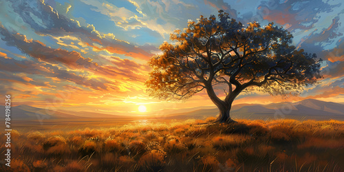 acacia tree at sunrise. generative ai 