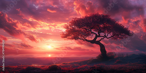 acacia tree at sunrise. generative ai 