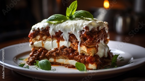 A dish of homemade lasagna layered with ground beef, ricotta cheese, and marinara sauce ,close-up,ultra HD,digital photography