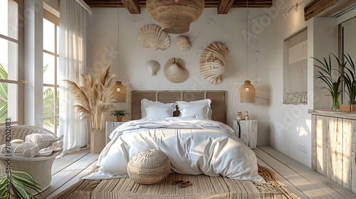 Wide-angle shot of a coastal-themed guest room with seashell decor, modern interior design, scandinavian style hyperrealistic photography