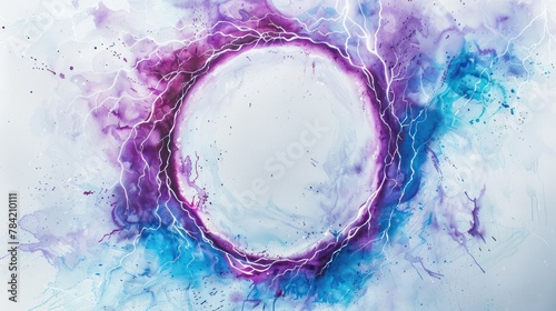 A vivid watercolor depiction of a circular electricity frame crackling with electric arcs in vibrant purples and blues
