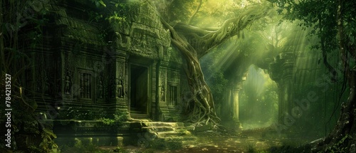 Ancient temple hidden in a jungle, with vines and sunlight filtering through, AI Generative