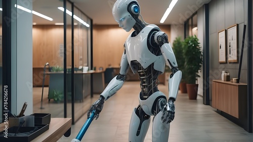 An example of an artificial intelligence that resembles a humanoid carrying out chores on a gadget. Utilizing AI in the Workplace.