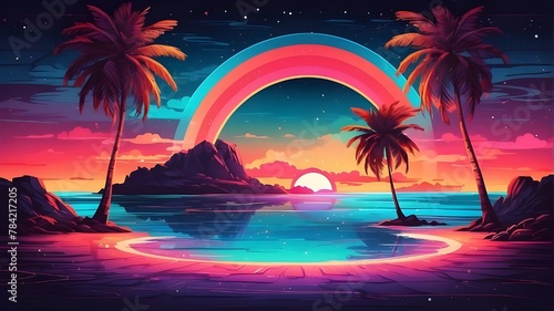 Retro Neon Circle on a Sunset Beach with Starry Sky and Palm Trees Island
