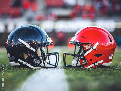 Photo of two football helmets on stadium 