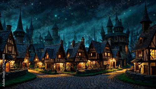 miniature scene of fantasy medieval building village at night, generative AI