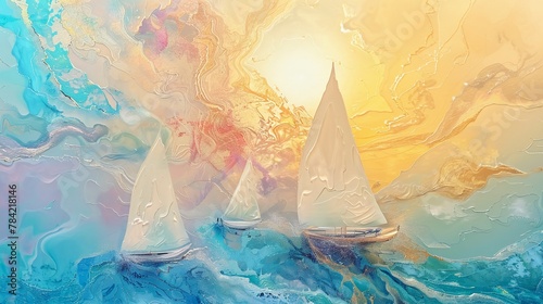 Serenity at Sea: Pastel Sunset Sailboat Painting in Gouache