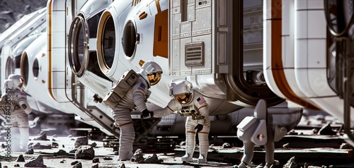 Astronauts performing routine maintenance on the exterior of a space habitat, ensuring the safety and sustainability of their home.