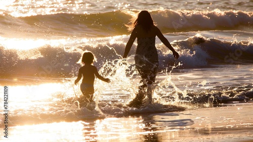 At the beach, a mother and child chasing the waves, their laughter mingling with the sound of the sea.