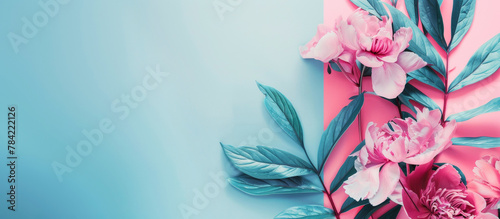 Illustration of Philodendron and Peonies on light blue background. Modern banner.